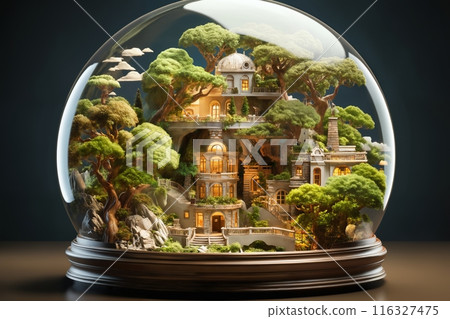 a glass sphere with a microcosm inside, a small fabulous palace between trees 116327475