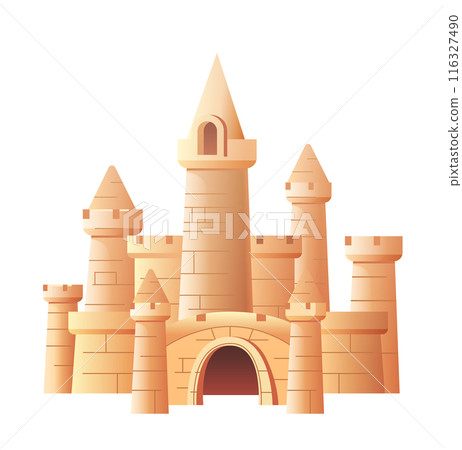 Sandcastle with multiple towers and an arched entrance on a white background 116327490