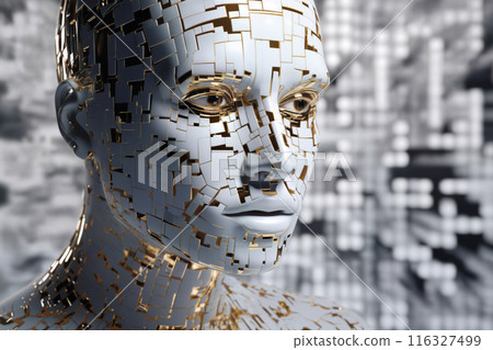 face of female android bio robot, close portrait, concept of cybernetics and biomechanics and robotics of future 116327499