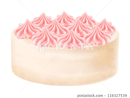 Homemade sponge cake decorated with cream flowers. Pastry with pink whipped cream. A festive cupcake from the bakery. For menus, invitations, packages. Digital isolated illustration 116327539
