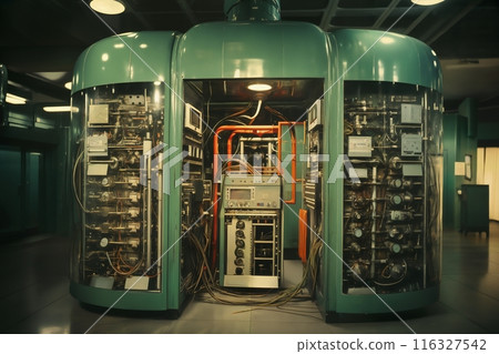 industrial data center, retro analog devices for industry and scientific research and measurements, in interior of laboratory, concept of retro futurism, lamp electronics 116327542