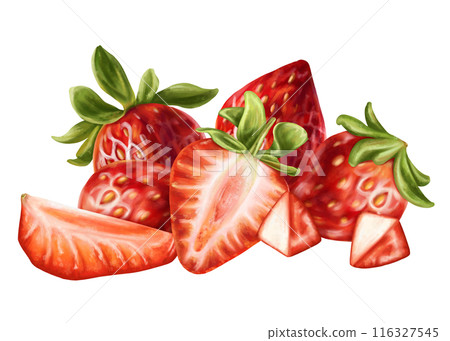 A composition of ripe strawberry slices. Juicy red berry for desserts, decorations and snacks. Garden organic harvest. Topping for cakes, ice cream, pies, cocktails. Digital isolated illustration 116327545