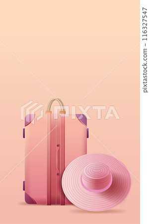 Pink suitcase and sun hat travel concept vacation holiday Pink suitcase and sun hat travel concept vacation holiday 116327547