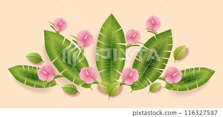 Tropical leaves and pink flowers on beige background botanical nature greenery floral design Tropical leaves and pink flowers on beige background botanical nature greenery floral design 116327587