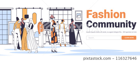 Fashion designers and models discussing outfits in a modern studio setting with large windows and decor elements Fashion designers and models discussing outfits in a modern studio setting with large windows and decor elements 116327646