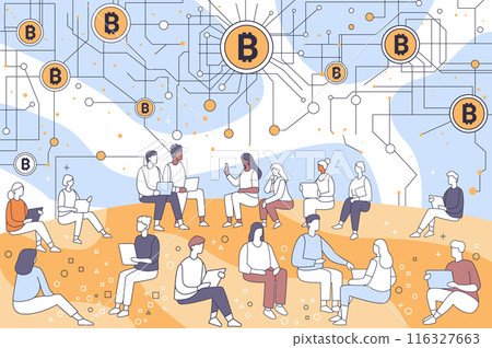 Bitcoin network concept people using devices and bitcoin symbols connected by lines abstract background with minimalistic style 116327663