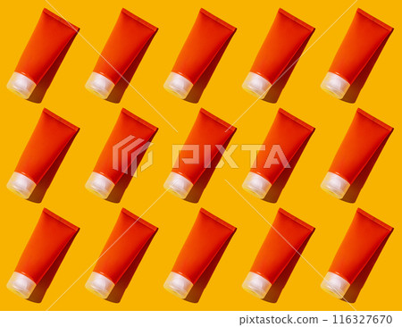 Sunscreen SPF sunblock cream on yellow background 116327670