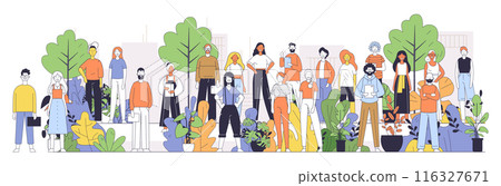 Diverse group of people standing together outdoors surrounded by plants and trees modern flat design style community teamwork social unity 116327671
