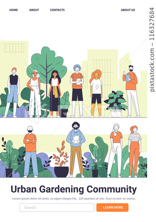 Urban gardening community illustration featuring diverse group of people with plants modern city background colorful and engaging design Urban gardening community illustration featuring diverse group of people with plants modern city background colorful and engaging design 116327684