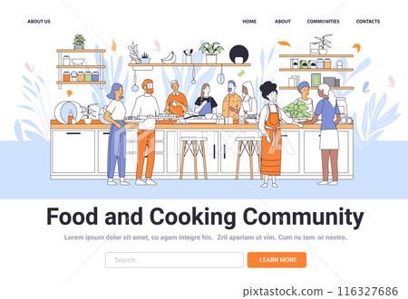 Diverse group of people cooking together in a modern kitchen with shelves plants and utensils. Community culinary teamwork social activity 116327686