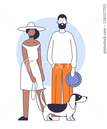 Couple with a dog woman in white dress and hat man in orange pants holding hat blue circle background 116327703