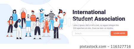 Diverse group of people standing together wearing casual clothing in a modern flat design with a blue and orange color scheme representing community, teamwork, and inclusivity in a 116327716