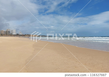 Deserted sandy beach with waves and cloudy sky. Tranquil seascape photography. Deserted sandy beach with waves and cloudy sky. Tranquil seascape photography. 116327887