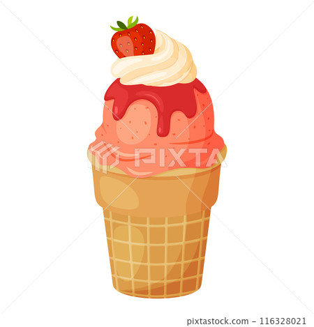 Strawberry ice cream with whipped cream in waffle cup flat style. 116328021