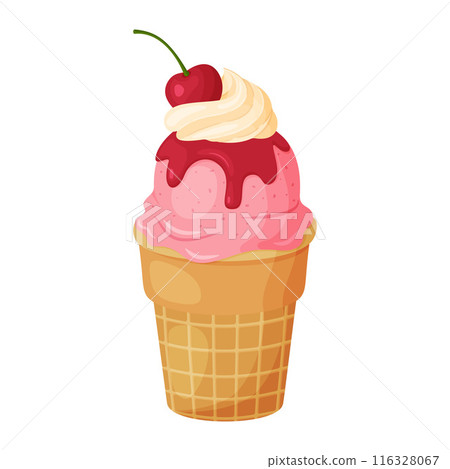 Cherry Ice Cream with whipped cream and syrup in waffle cup flat style. 116328067