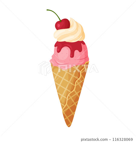 Cherry Ice Cream with whipped cream and syrup in a waffle cone flat style. Cherry Ice Cream with whipped cream and syrup in a waffle cone flat style. 116328069
