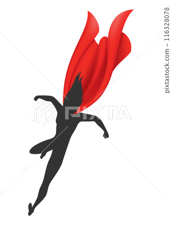 Woman superhero silhouette with scarlet fabric silk cloak. Mantle costume or cover cartoon vector illustration 116328078