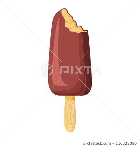 Bitten Chocolate ice cream on a stick. Cold summer dessert flat style 116328080
