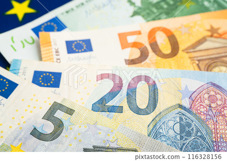 Euro banknote and coin, Europe money, economy finance exchange trade investment. 116328156
