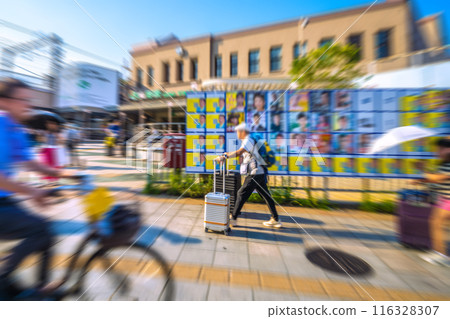 Tokyo cityscape, Japan, Ueno Station. Chaotic election poster display area for the Tokyo gubernatorial election, voting day on July 7, 2024... 116328307