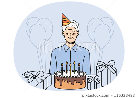 Sad old birthday person celebrating alone standing near table with gifts and cake Sad old birthday person celebrating alone standing near table with gifts and cake 116328488