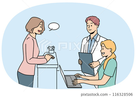 Woman client of clinic or hospital stands near reception desk and consults with doctor. 116328506