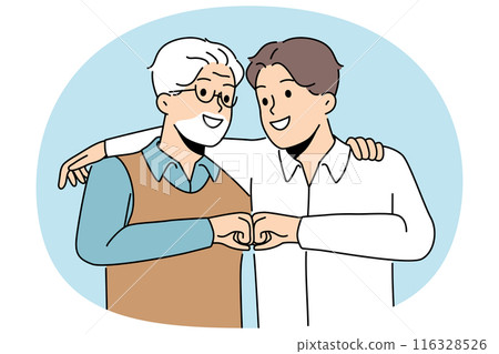 Young son and elderly father hug and bump fists to demonstrate unity between generations 116328526