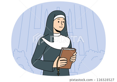 Woman nun with bible stands near church calling to visit christian shrines and study prayers Woman nun with bible stands near church calling to visit christian shrines and study prayers 116328527