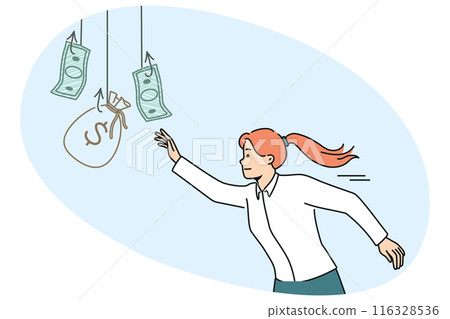 Woman is chasing money hanging on hook, wanting easy money and risking falling into trap 116328536
