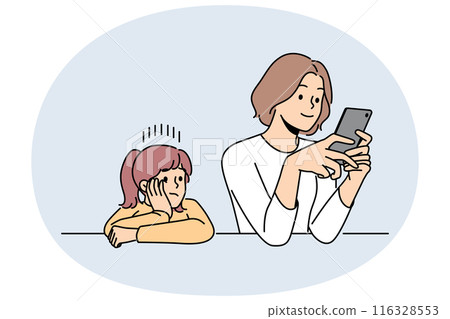 Busy mother does not pay attention to child, being addicted to phone and forgetting about daughter Busy mother does not pay attention to child, being addicted to phone and forgetting about daughter 116328553