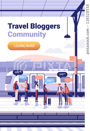 Travel bloggers at train station diverse people with luggage speech bubbles modern platform urban background communication journey planning 116328558