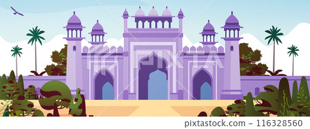 Purple palace with domes and arches surrounded by lush greenery palm trees and a clear sky with a bird flying 116328560