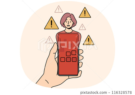 Red phone infected with virus in hand and panicking woman symbolize internet bullying 116328578