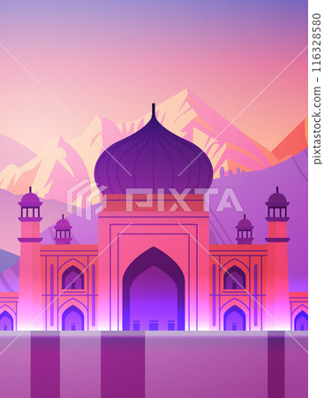 Colorful mosque with domes and minarets against a mountain landscape at sunset 116328580