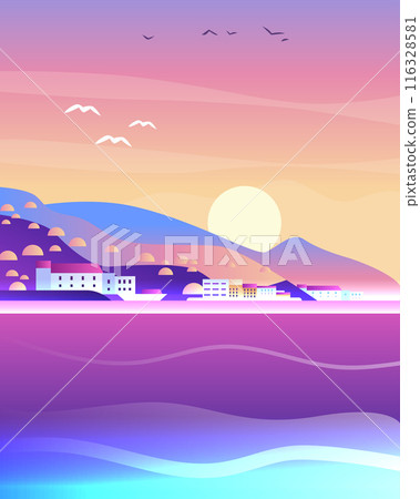 Sunset coastal landscape with colorful hills buildings and birds over calm sea 116328581