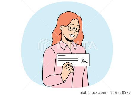 Woman with paycheck in hand smiles demonstrating financial document confirming receipt of salary 116328582