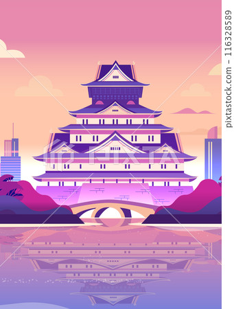 Japanese castle sunset landscape with modern buildings mountains reflection on water Japanese castle sunset landscape with modern buildings mountains reflection on water 116328589