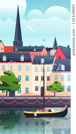 Coastal townscape with colorful buildings sailboat docked on calm water trees and seagulls in the sky 116328603