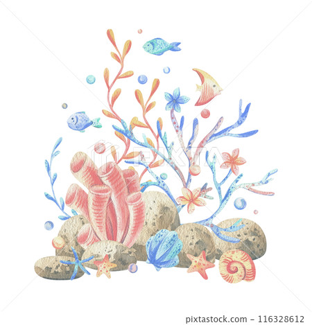 Sea corals, algae, shells, starfish, fish, bubbles. Watercolor illustration hand drawn in coral, turquoise and blue colors. Composition isolated from the background 116328612