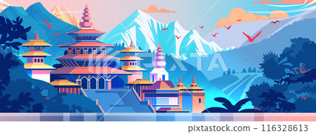 Colorful temple with tiered roofs and domes set against a backdrop of mountains trees and birds in a serene landscape 116328613