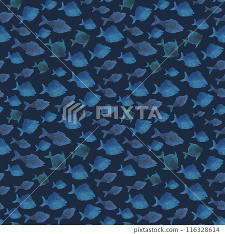 Simple blue fish silhouettes. Watercolor illustration hand drawn in children's style. Seamless pattern on a dark blue background 116328614