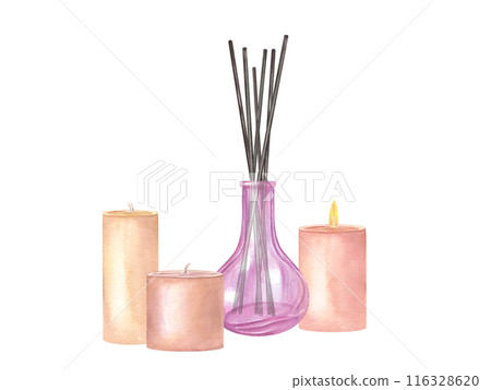 Glass diffuser with reed sticks and burning scented candles. Cozy home elements for aromatherapy, relaxing spa ambience. Calmness, rejuvenation. Watercolor illustration. For spa salon design, poster 116328620