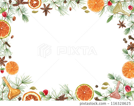 Festive botanical border with dried citrus, herbs, spice and antique glass bottles. Orange slice, pine twig, red berries. Anis, cardamon, clove and pepper. Watercolor illustration isolated on white. 116328625