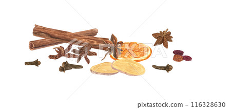 Mixture of Christmas spices and herbs. Cinnamon sticks, fresh ginger slice, star anise, raisins, dried orange slices and cloves. Watercolor illustration isolated on white. .Ingredient for hot drinks 116328630