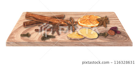 Aromatic spices and citrus slices on wooden platter. Cinnamon, star anise, cloves, dried orange slices, ginger slice and raisin arranged on wood board. Watercolor illustration isolated on white 116328631