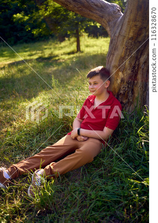 preteen boy in a red t-shirt is sad near a withered tree in the park preteen boy in a red t-shirt is sad near a withered tree in the park 116328670