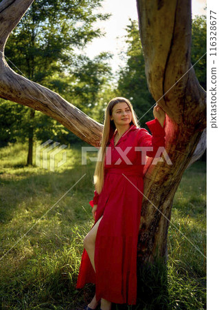 portrait of a beautiful woman with long blond hair in a red dress near a dry tree in the park portrait of a beautiful woman with long blond hair in a red dress near a dry tree in the park 116328677
