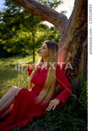 portrait of a beautiful woman with long blond hair in a red dress near a dry tree in the park portrait of a beautiful woman with long blond hair in a red dress near a dry tree in the park 116328683