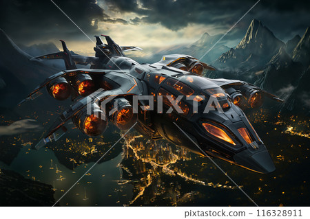 futuristic flying vehicle over the city, aerial view, cityscape, sky at sunset, aerial transportation of future 116328911