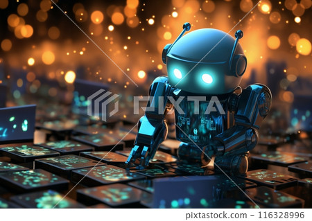digital computer robot android in a space of holographic elements and lights, abstract background, cyber future, digital art concept digital computer robot android in a space of holographic elements and lights, abstract background, cyber future, digital art concept 116328996